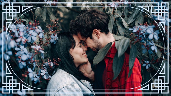 art deco frame on image of couple kissing