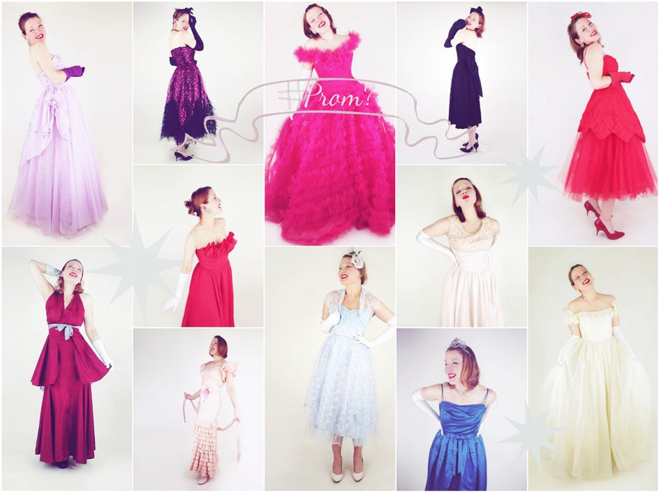 This collection of vintage party dresses suitable for a prom I put together using BeFunky’s collage tool in a grid, then moved the collaged image over to the photo editor and added Vintage Colors 1, Design Elements (banner and #) in Graphics and Geometry (starbursts), and finally Text.