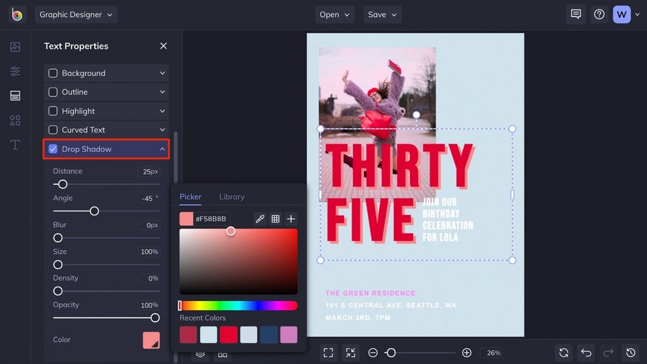 add a drop shadow or other text property options