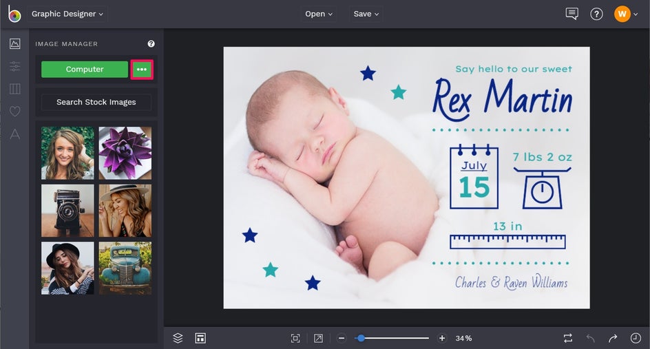 Search for stock images or upload images from your computer for a birth announcement in BeFunky designer
